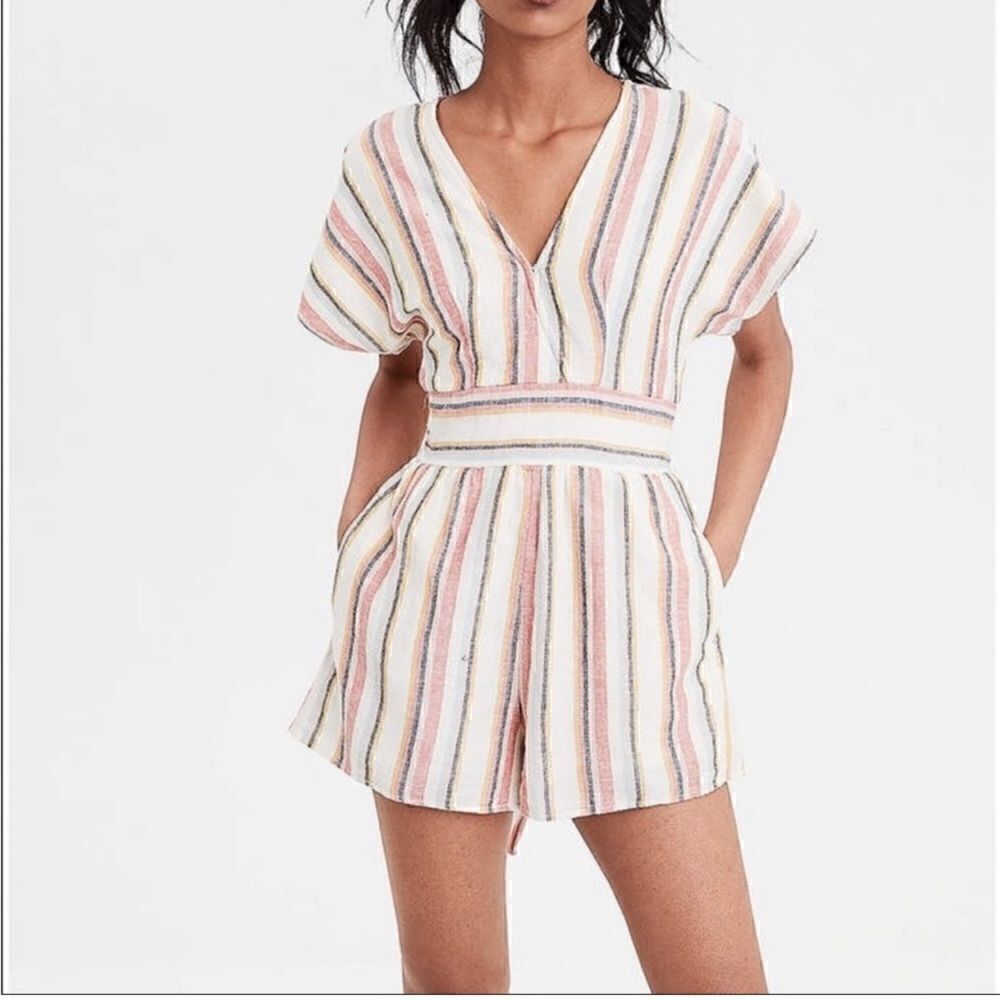 American Eagle Outfitters Linen Blend Striped Romper | SZ S